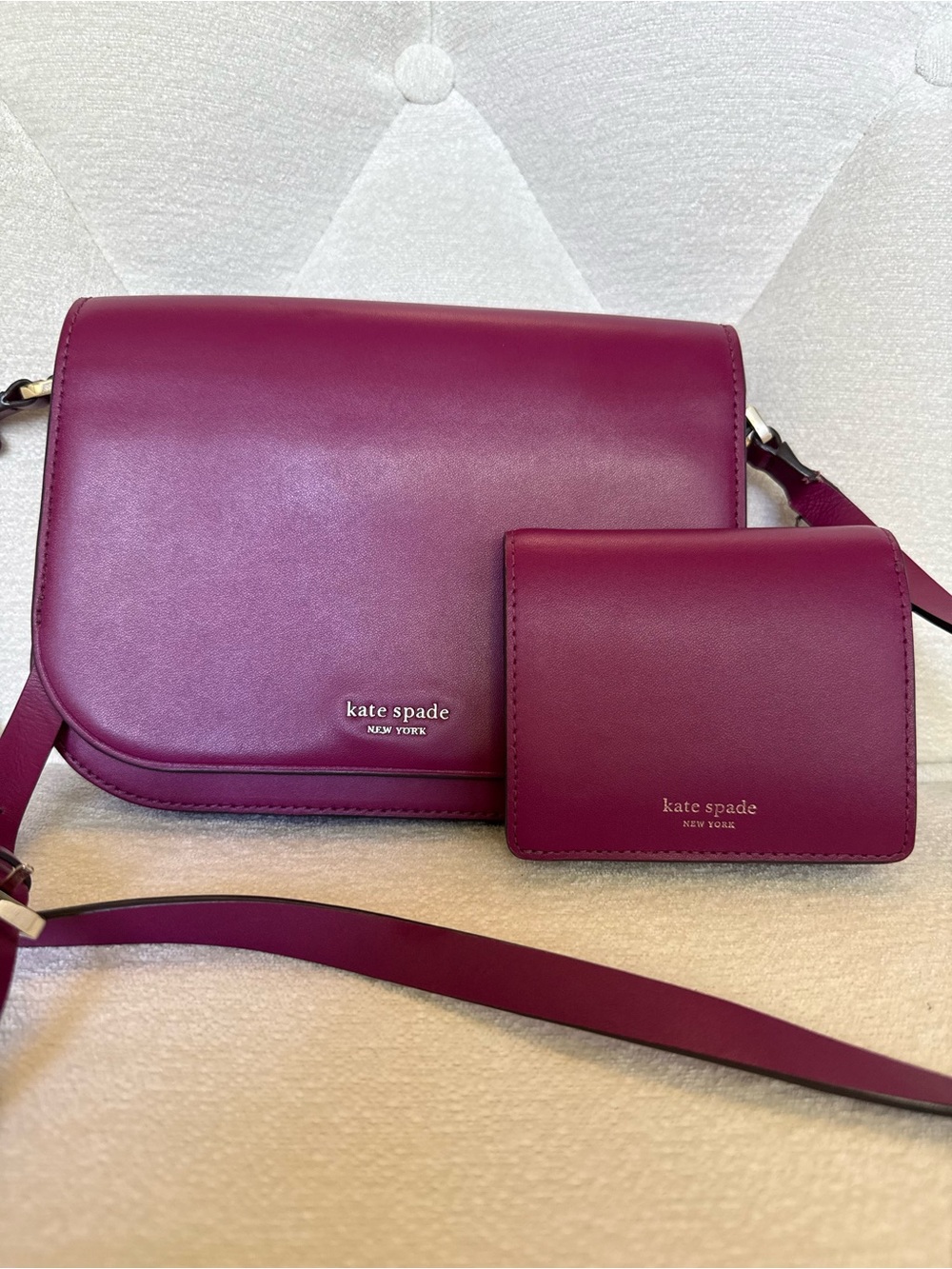 Kate Spade Burgundy Crossbody Bag Matching Wallet Set Silver Hardware
